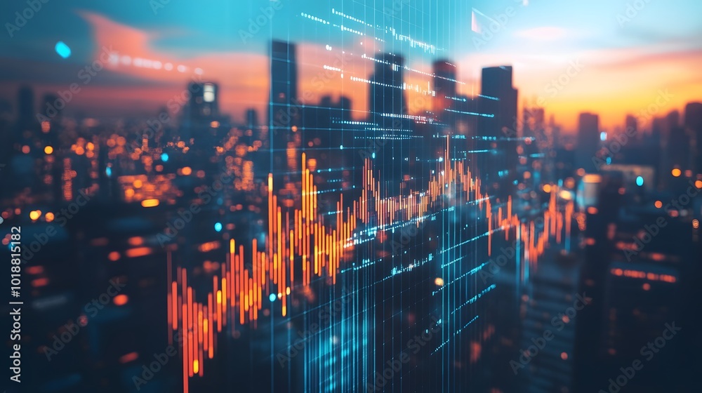 Dynamic city skyline with financial chart overlay, showcasing growth and data analysis in a vibrant urban setting during sunset. Dynamic city skyline with financial chart overlay, showcasing growth and data analysis in a vibrant urban setting during sunset.