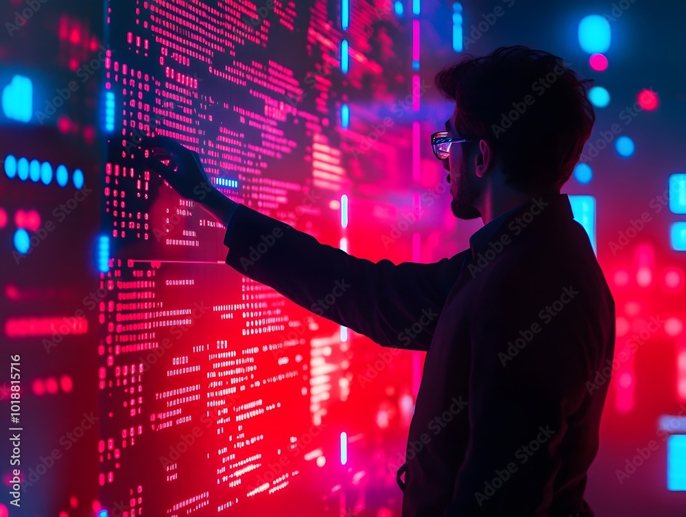 A person interacts with a glowing digital wall, showcasing vibrant data patterns and technology in a modern environment. A person interacts with a glowing digital wall, showcasing vibrant data patterns and technology in a modern environment.