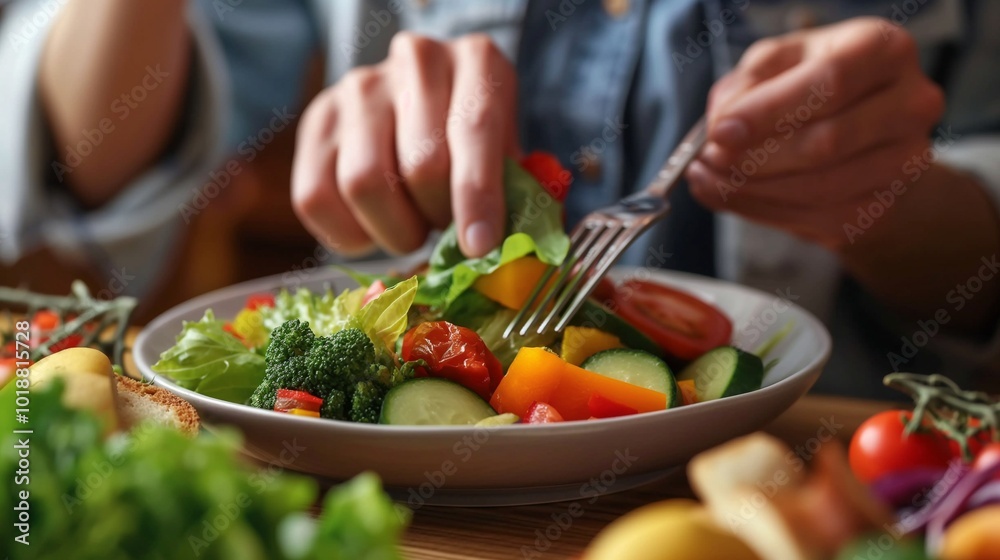 person eating a balanced meal, full of fruits, vegetables, and lean protein, to fuel their body person eating a balanced meal, full of fruits, vegetables, and lean protein, to fuel their body