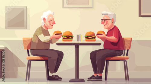 vector simple style grandma and grandpa sitting at table eating .Generative AI