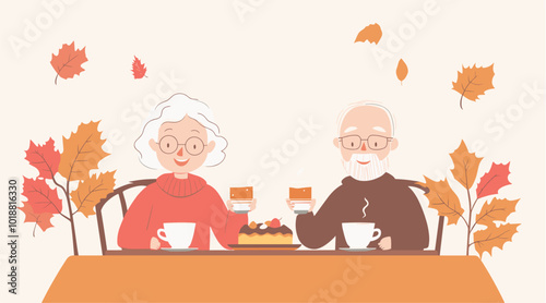 vector simple style grandma and grandpa sitting at table eating .Generative AI