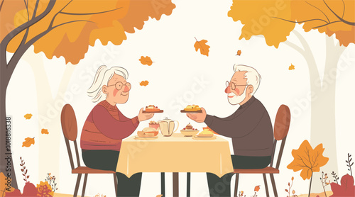 vector simple style grandma and grandpa sitting at table eating .Generative AI