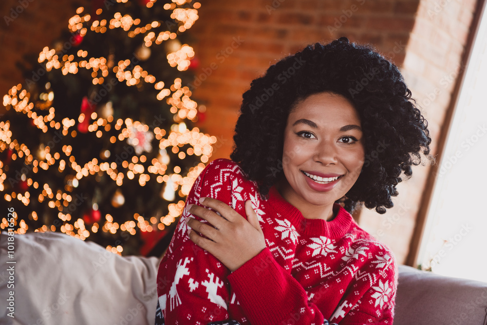 Photo of lovely cheerful girl hugging self dressed red christmas garment tradition atmosphere decor vibe house indoors room Photo of lovely cheerful girl hugging self dressed red christmas garment tradition atmosphere decor vibe house indoors room