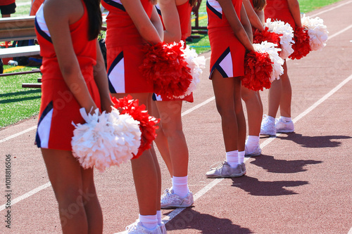 Vászonkép Cheerleaders holding their pom poms behind their backs on the sidelines of a foo