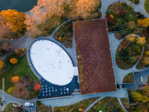 Aerial top down of Prospect Park ice skating rink Brooklyn during fall in New York City