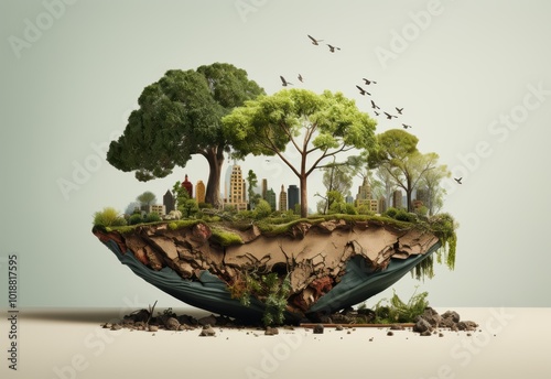 Floating island showcasing urban greenery and wildlife
