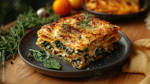 Delicious Spinach and Cheese Lasagna Served on a Rustic Plate, AI Generation