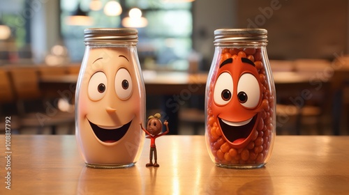 Animated characters in jars smiling on a wooden table