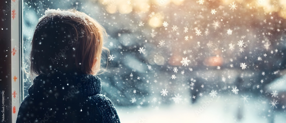 A child gazing out at a snowy landscape, mesmerized by the falling snowflakes and serene winter atmosphere. A child gazing out at a snowy landscape, mesmerized by the falling snowflakes and serene winter atmosphere.