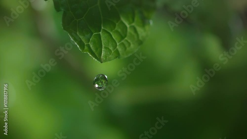 A drop of water drips onto a spearmint green leaf in slow motion. Liquid falling on a mint leaf in close-up. Nature herb and natural beauty skin care concept. Macro abstract background