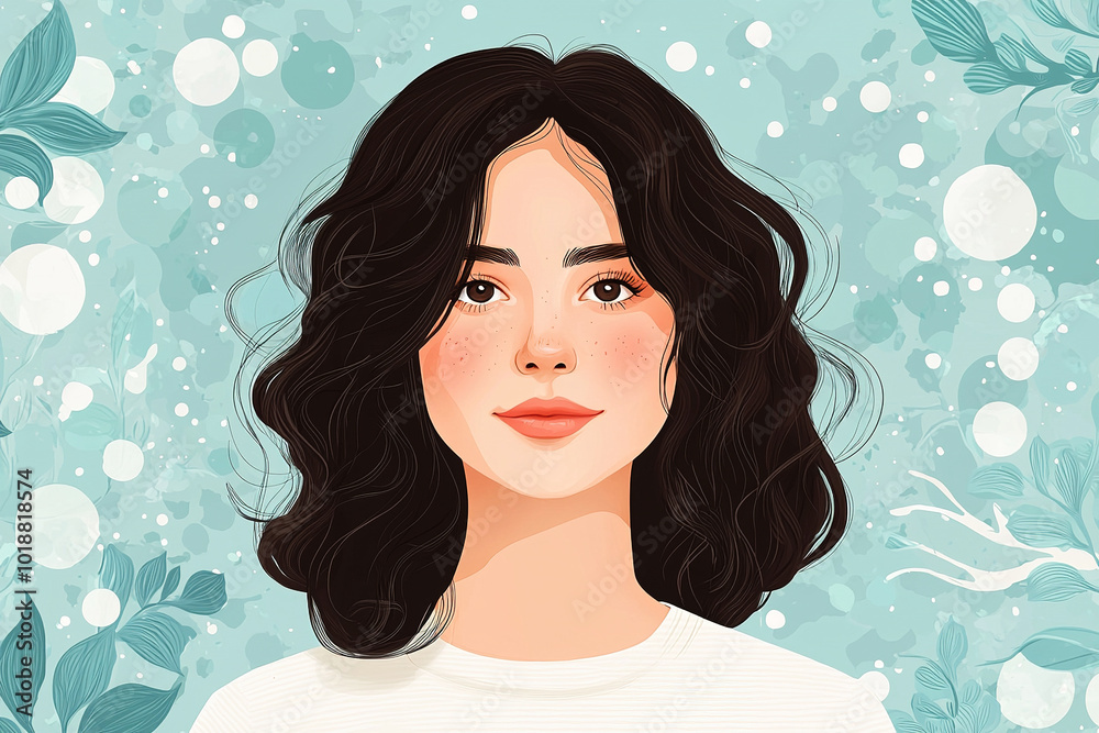 Young woman posing with floral background illustration Young woman posing with floral background illustration