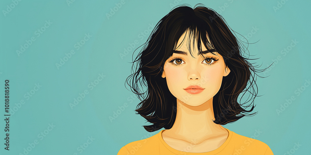 Beautiful young woman with dark hair and brown eyes posing on turquoise background Beautiful young woman with dark hair and brown eyes posing on turquoise background