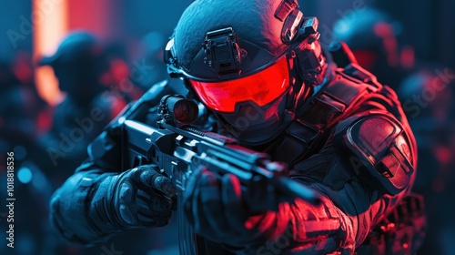 A tactical soldier aiming a weapon in a high-tech, dramatic environment.