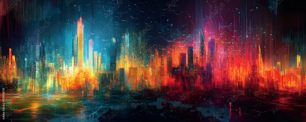 Fototapeta premium A vibrant city skyline illuminated with bright colors, reflecting a futuristic and imaginative urban atmosphere at night.