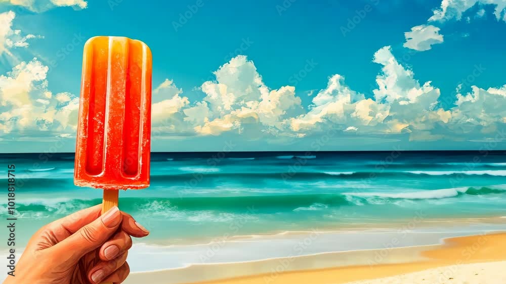 A hand holds an orange popsicle in front of a blue ocean and white sand beach on a sunny day