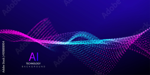 Technology Artificial Intelligence particles banner. Dots dust ai big data waves neon blue and purple background. Futuristic splash connect design.