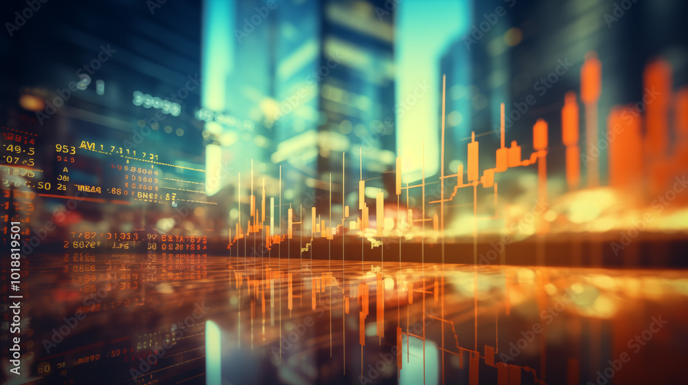 Blurred streetlights and stock market numbers intertwine in this composition, highlighting the intersection of finance and urban activity. Blurred streetlights and stock market numbers intertwine in this composition, highlighting the intersection of finance and urban activity.