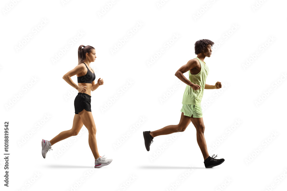 Full length profile shot of a caucasian female and african american male running Full length profile shot of a caucasian female and african american male running
