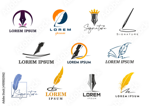 Quill icons with feather pen. Law, notary or writer symbols with vector ink pen and feather quills, book pages and gold crown. Calligraphy signature, literature, education, poetry and lawyer signs