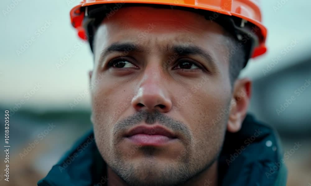 Portrait of a construction worker or engineer wearing a hard hat at a construction site Portrait of a construction worker or engineer wearing a hard hat at a construction site