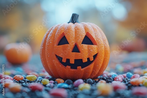 minimalist jackolantern with asymmetrical features candy scatter modern halloween aesthetic