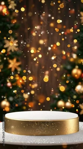 Empty Podium showcase for product with Christmas background, Products Display for Christmas, New Year, Vertical Video, Video footage	
