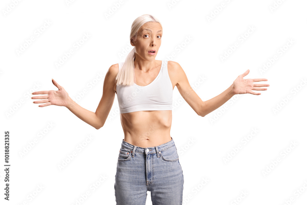 Confused skinny woman in jeans and crop top Confused skinny woman in jeans and crop top