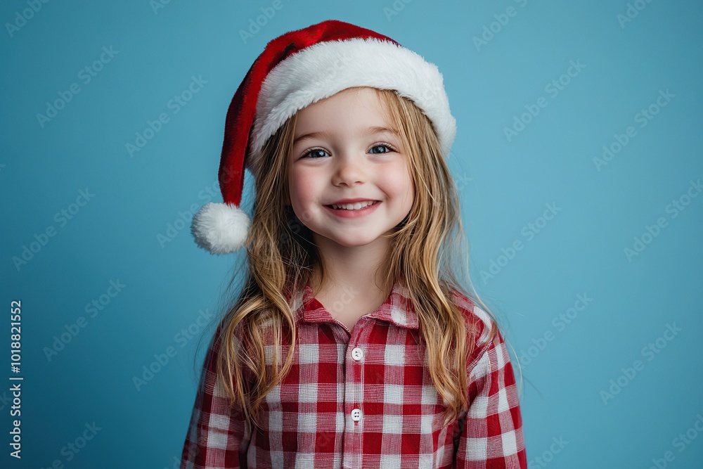 Smiling child girl in checkered pajamas and red santa hat Smiling child girl in checkered pajamas and red santa hat