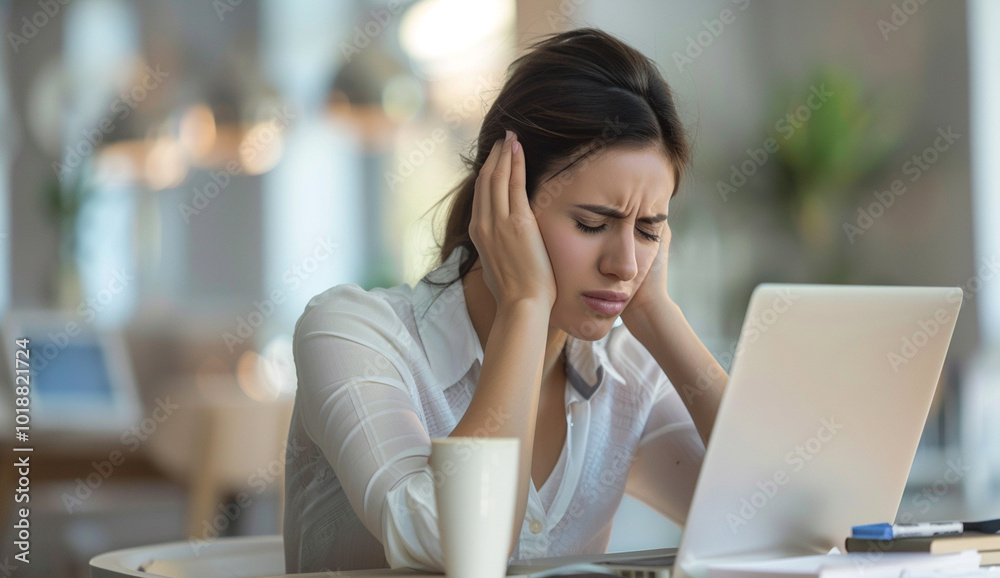 A stressed woman sits in a cafe, holding her head in frustration while working on a laptop, surrounded by blurred lights in the background.
