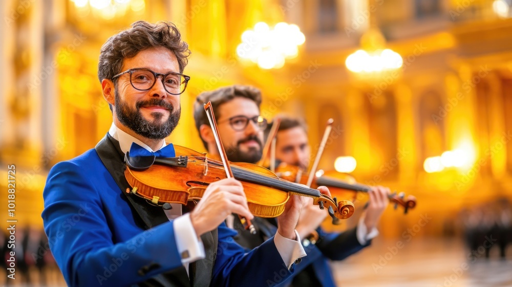Fototapeta premium Elegant violinists in blue suits performing in ornate golden concert hall