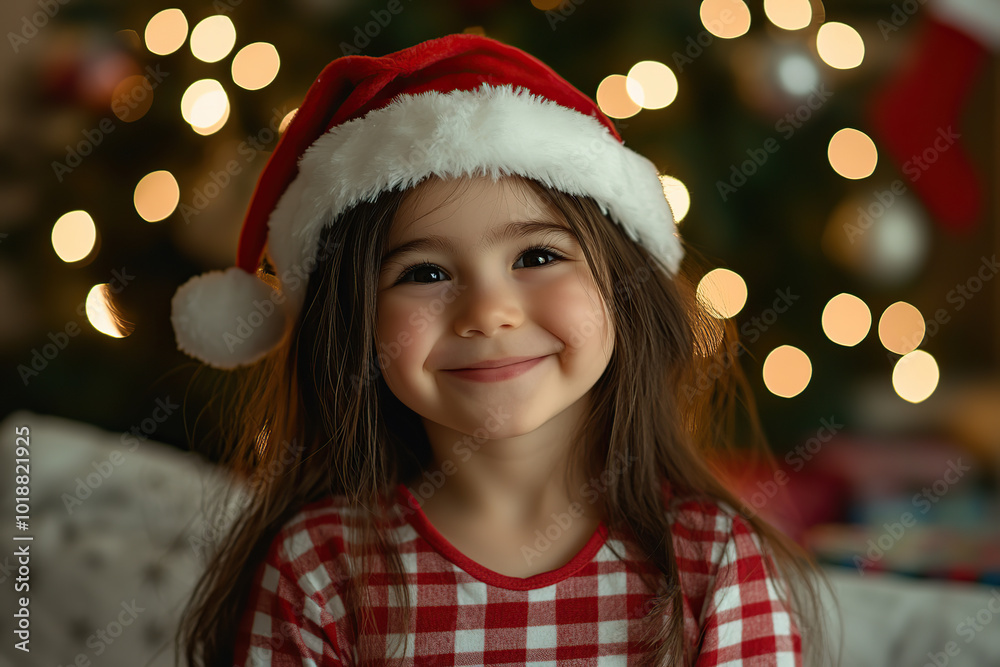 Smiling child girl in checkered pajamas and red santa hat on blurred fir tree lights background