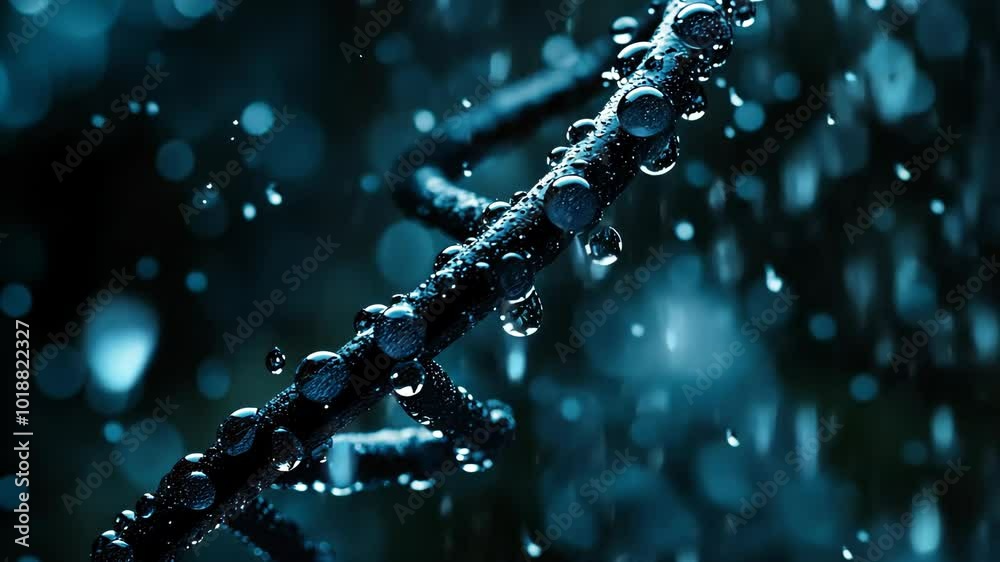 A close-up of a DNA strand covered in water droplets against a dark blue background A close-up of a DNA strand covered in water droplets against a dark blue background