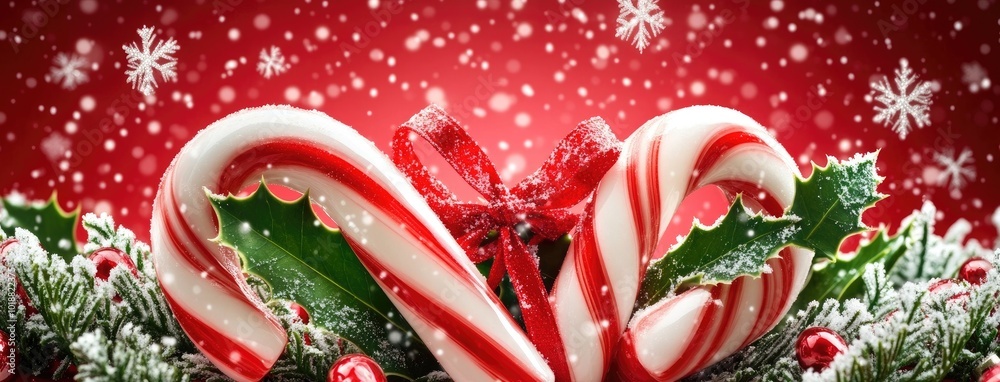 Festive red and white striped candy canes adorned with holly leaves and a bow, amidst falling snowflakes for a cheerful Christmas ambiance Festive red and white striped candy canes adorned with holly leaves and a bow, amidst falling snowflakes for a cheerful Christmas ambiance