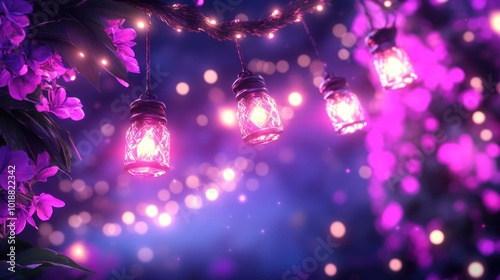Enchanting hanging lanterns amid glowing purple floral bokeh at twilight