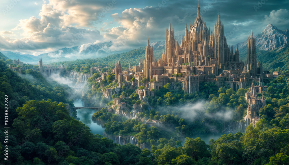 Fototapeta premium Old castle. A beautiful city rises majestically in the middle of a dense mountain forest