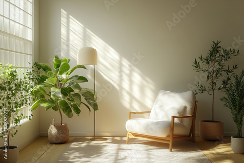 Soft sunlight streams into a minimalist space featuring a comfortable chair and greenery, embodying simplicity and harmony in interior design.