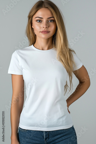 Woman in Plain White T-Shirt Mockup