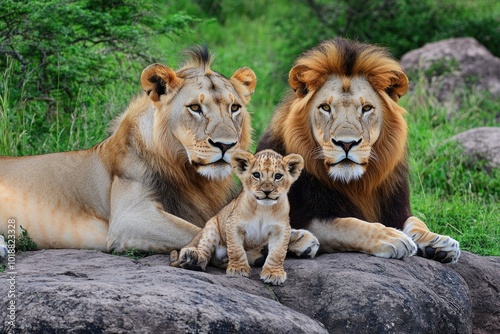 Lion Family Portrait in Natural Habitat: Wildlife Photography for Art Prints and Posters