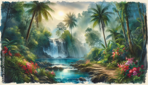 watercolor image of a small waterfall in the jungle