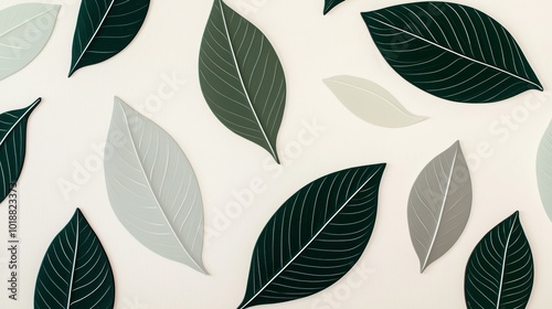 Minimalist leaves in shades of green and grey, arranged in a repeating pattern on a light cream backdrop