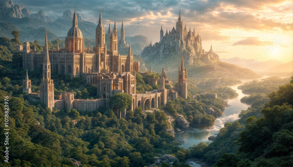 Fototapeta premium Ancient castle. A beautiful city rises majestically in the middle of a dense mountain fores