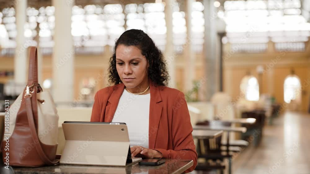 Concentrated businesswoman in formal wear using tablet in spacious historic venue. Professional woman working on digital device in grand indoor public area Concentrated businesswoman in formal wear using tablet in spacious historic venue. Professional woman working on digital device in grand indoor public area