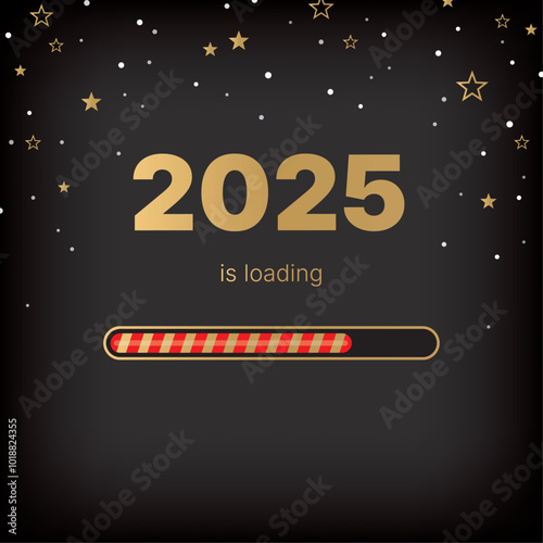 Christmas loading bar. 2025 New Year card on black background with gold stars and snowflakes.