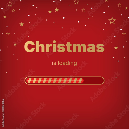 Christmas loading bar. Xmas and New Year card on red background with gold stars and snowflakes.