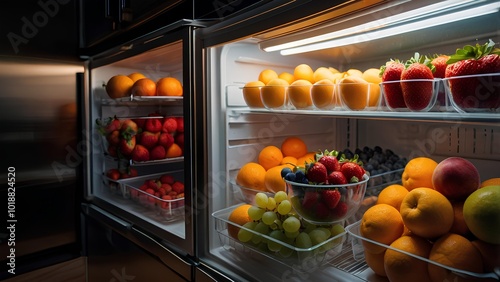 Wallpaper Mural An open refrigerator packed with an array of colorful fruits—vibrant oranges, ripe strawberries, fresh grapes, and shiny apples Torontodigital.ca