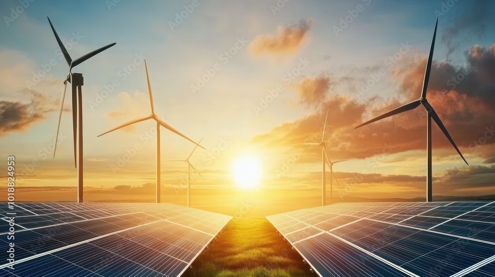 A sunset scene with wind turbines and solar panels, highlighting renewable energy sources. A sunset scene with wind turbines and solar panels, highlighting renewable energy sources.