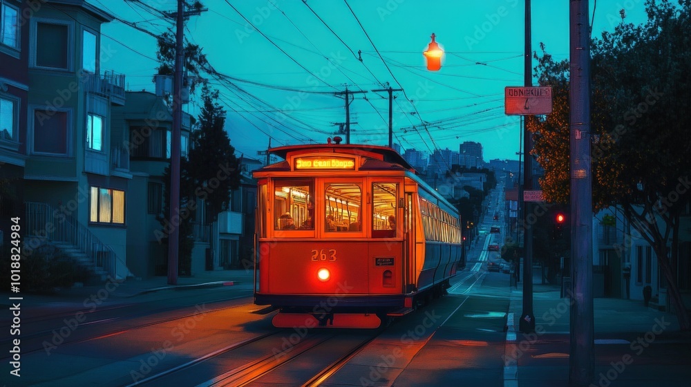 Obraz premium A vintage streetcar travels up a hill in a city at dusk, with glowing streetlights and a vibrant blue sky.