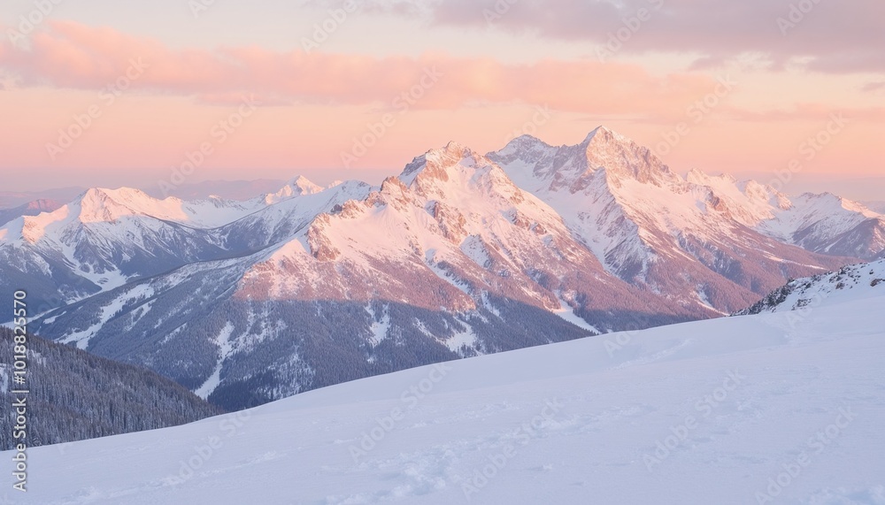 Majestic snow-capped mountains glowing peacefully at sunset against pink sky Majestic snow-capped mountains glowing peacefully at sunset against pink sky