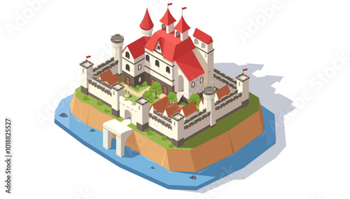 An isometric view of a castle situated on a rocky island with water. Vector illustration