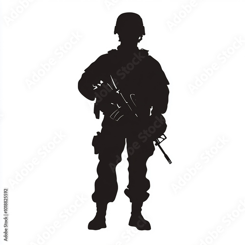 American military standing with gun in hand vector silhouette isolated white background